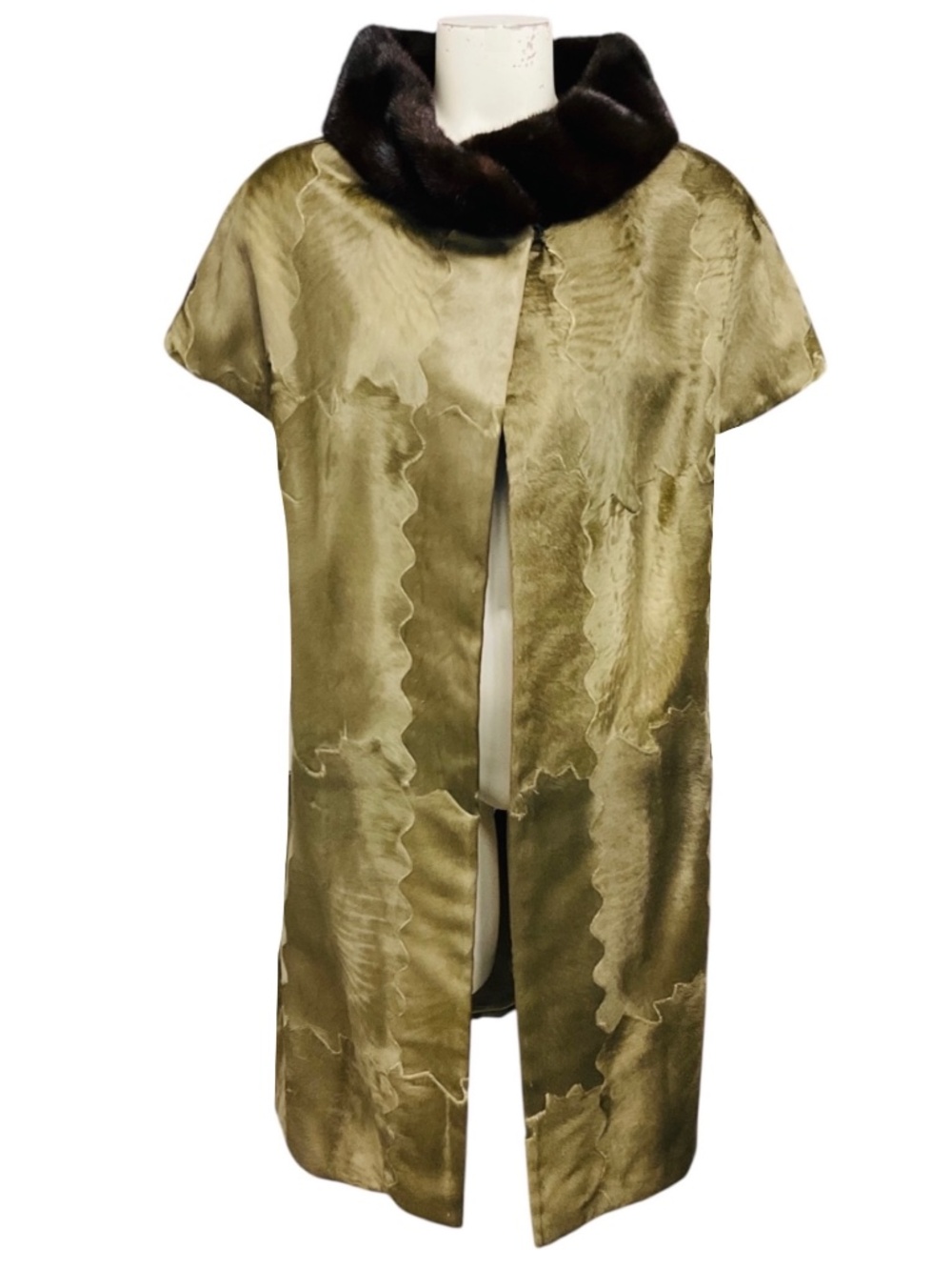 J. MENDEL OLIVE GREEN / BROWN MINK FUR COLLAR SHORT SLEEVED LAMB FUR COAT WITH S